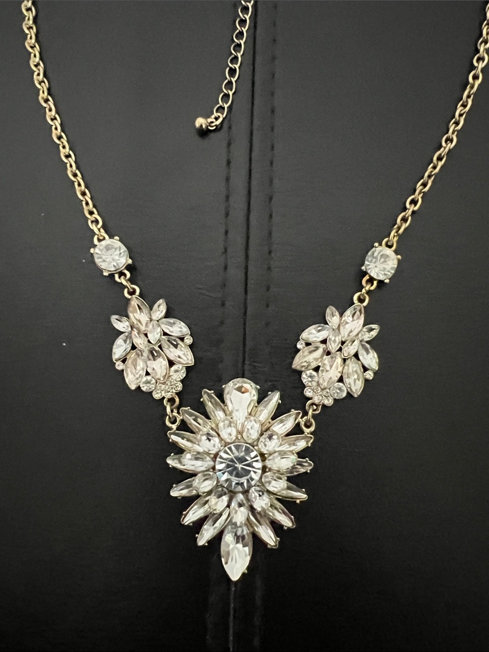 Gold-Tone Crystal Statement Necklace - Clear Crystal Floral Pendant - Picture 2 of 5